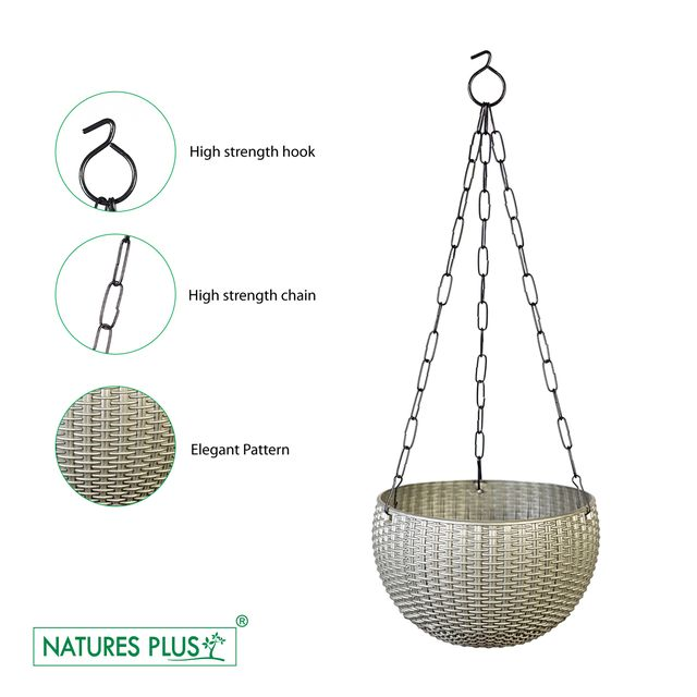 NATURES PLUS | RATTAN HANGING POT 8 INCH GREY | SET OF 6